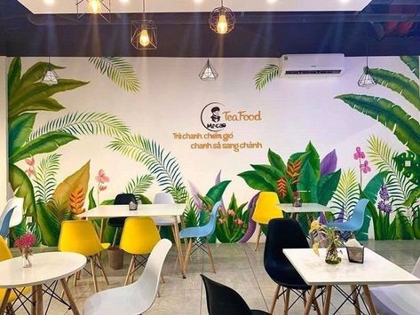 Room Color Design, Mural Cafe, Restaurant Design Inspiration, Interior Murals, Selfie Wall, Outdoor Restaurant Design, Garden Mural, Cafe Wall Art, Colorful Murals