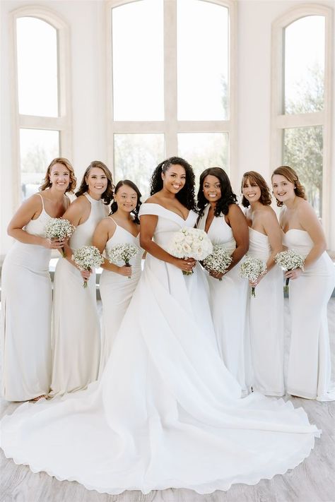 All White Bridal Party Bridesmaids, White Bridal Party Dress, All White Wedding Bridesmaids, All White Bridesmaid Dresses, All White Bridal Party, White Bridesmaids Dresses, Bridesmaids In White, White Bridesmaid Dress, White Bridal Party