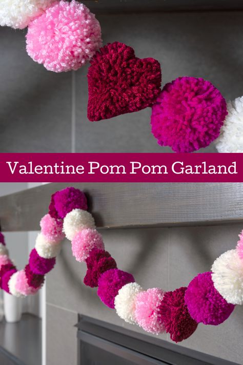 Learn how to make a valentine pom pom garland with hearts to decorate your holiday home! This is SO easy to make, even for beginning crafters. Learn how to make the heart pom poms the easy way. Halloween Pompom Garland, Decorating With Pom Poms, Valentines Pom Pom Garland, Pom Pom Wreath Valentines Day, Christmas Tree Pom Pom Garland, Diy Garland Valentines Day, How To Make Pom Pom Garland, Valentine Pompom Crafts, Crochet Pom Pom Garland