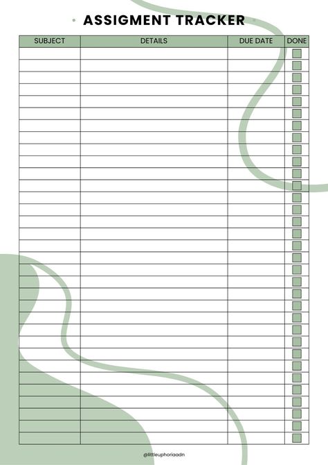 assignment tracker (green ver) workfromhomeplanner☀️ Bullet Journal Homework, Assignments Tracker, Adulting Aesthetic, Schedule Study, Homeschool Student Planner, School Locker Organization, Student Essentials, Productivity Organization, Aesthetic Digital Planner