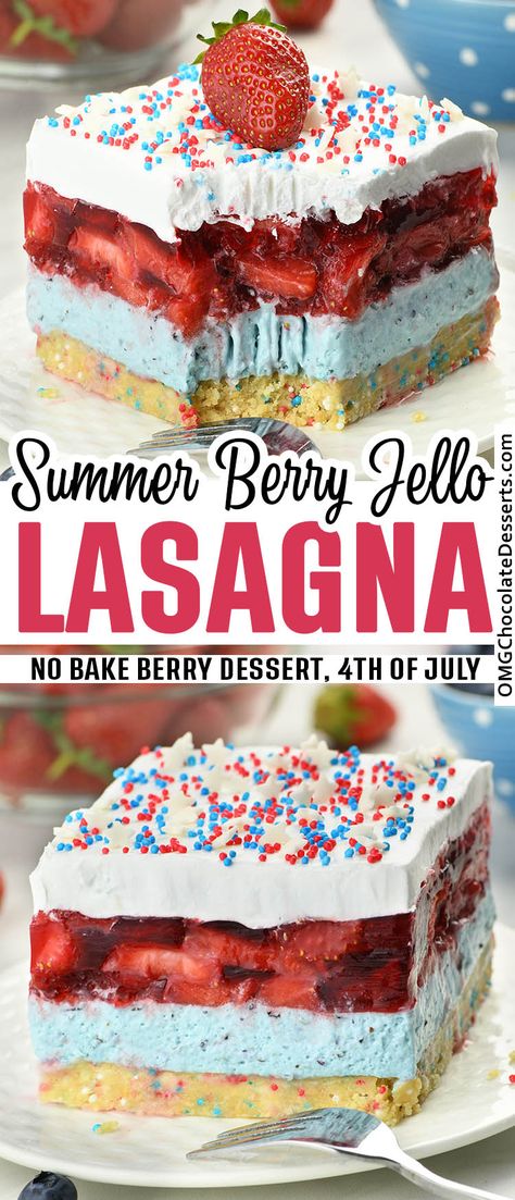 Summer Berry Jello Lasagna Jello Beach Dessert, Patriotic Jello Desserts, 4th Of July Jello Desserts, 4th Of July Desserts Cheesecake, Easy Jello Desserts, Fun Summer Desserts, Jello Lasagna, Desserts Fourth Of July, Berry Desserts