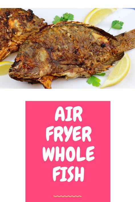 How to air fry whole fish!    Whole Fish in the Air Fryer  Ingredients:  2 Whole Tilapias 10 garlic cloves 1 tbsp oregano 1 tsp Kosher salt 1/3 cup all-purpose flour A pinch of salt and black pepper 1/2 fresh lemon juice  Instructions :  In a mortar smash garlic, oregano, and salt  Score the fish and season with the marinade  Season flour with a pinch of salt and pepper  Set air fryer to 390 for 40 minutes, flip fish after 20 minutes Squeeze lemon juice and enjoy! Air Fryer Whole Tilapia, How To Fry Fish In Air Fryer, Whole Fish In Air Fryer, Whole Tilapia Air Fryer Recipes, Air Fryer Whole Fish Recipes, Air Fryer Whole Fish, Fry Whole Fish, Whole Fish Fry Recipe, Whole Snapper Recipes