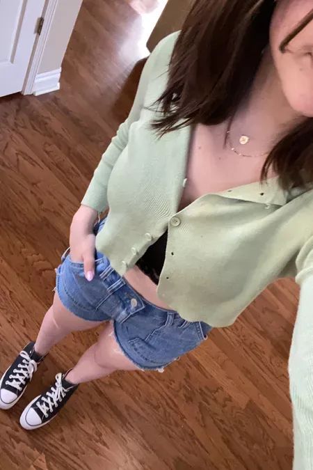 Ootd - green cardigan outfit inspo 🫶 All true to size, go down 1/2 size in the converse Spring outfits, spring outfit ideas, summer outfits, shorts outfits, spring shorts outfits #LTKSeasonal #LTKunder50 #LTKunder100 Spring Shorts Outfits, Green Cardigan Outfit, Summer Outfits Shorts, Trendy Spring Fashion, Outfits Shorts, Outfit Ideas Summer, Cardigan Outfit, Spring Outfit Ideas, Spring Shorts