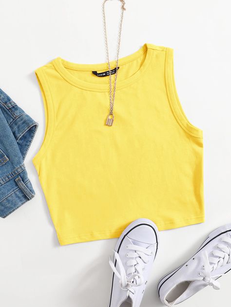 Top tank corto unicolor Amarillo Casual   Tela Liso Tank Elástico Ligero Verano Women Clothing, size features are:Bust: ,Length: ,Sleeve Length: Yellow Tank Top Outfit, Yellow Crop Top Outfit, Yellow Top Outfit, Solid Crop Tank Top, Yellow Clothes, Teen Outfits, Yellow Tank Top, Top Shein, Tank Top Outfits