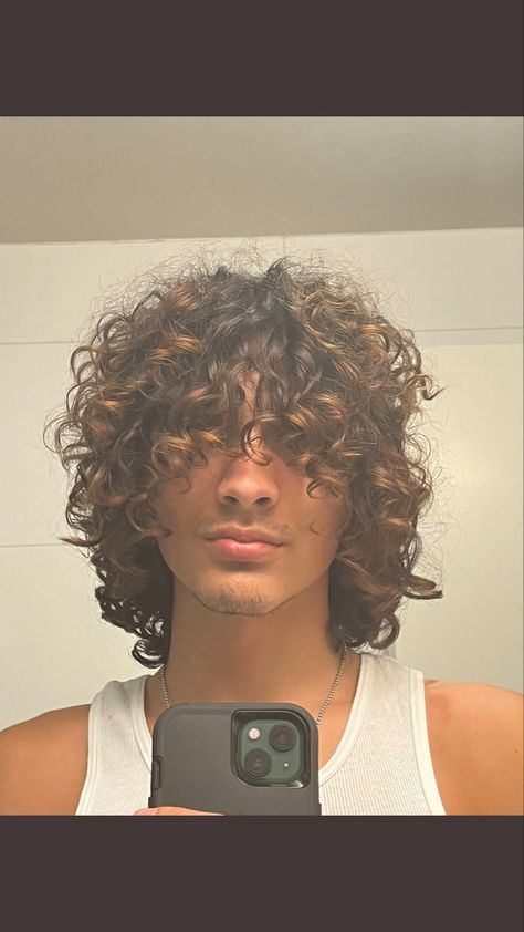 Curly Hair Colouring Ideas, Dyed Curly Hair Ideas Men, Men Curly Dyed Hair, Long Curly Hair Highlights Men, Men’s Curly Hair Highlights, Brown Highlights On Black Hair Men Curly, Blonde Highlights On Dark Hair Men Curly, Curly Hair Men Wolfcut, Black Hair With Brown Highlights Men