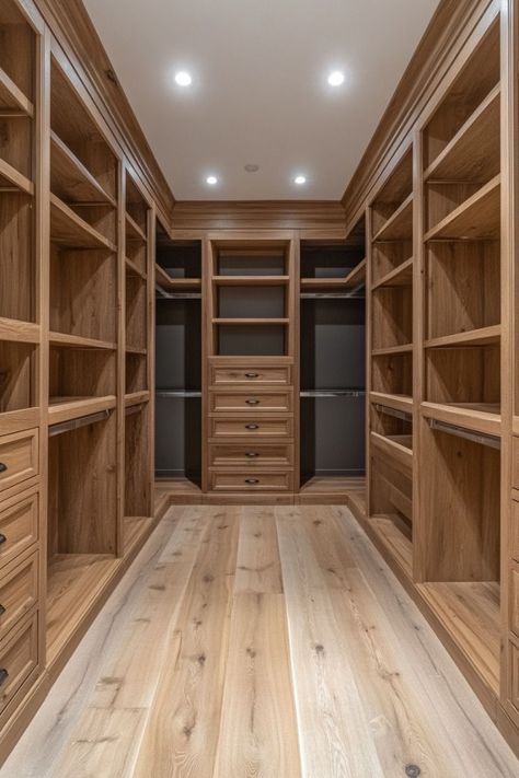 Shoe Closet Design Ideas, Rustic Walk-in Closet Ideas, Walkin Closet With Vanity, Walk In Closet Rustic, Rustic Master Closet, His And Hers Walk In Closet Design, Home Closet Ideas, Long Closet Ideas, Cabin Closet