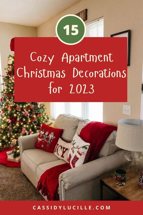 Small Living Room Ideas Apartment Cozy Sofas, Christmas Townhouse Decor, Decorate Apartment For Christmas, Interior Christmas Decorations, Simple Christmas Home Decor, Christmas Decor Small Living Room, Christmas Decor Ideas For Small Spaces, House Decorations For Christmas, Christmas Living Room Decor Small Spaces