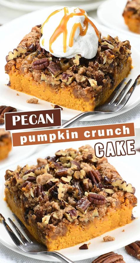 This cake has all the fall flavors, pumpkin, pecan, brown sugar-cinnamon spice is out of this world delicious! Perfect addition for Thanksgiving and Christmas celebration. #pumpkincake #holidays  #pecan Pecan Streusel Topping, Pumpkin Cake Recipe, Halloween Pumpkin Cake, Pumpkin Cakes, Pecan Pumpkin, Fall Dessert Recipes Easy, Pumpkin Crunch Cake, Pumpkin Crunch, Pumpkin Cake Recipes