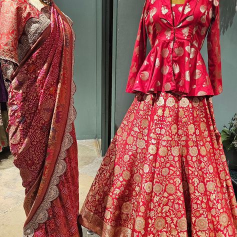 Experience regal elegance with our red Banarasi lehenga, styled three ways for the modern Maharani. This versatile look pairs the rich Banarasi lehenga with a gorgeous Patan Bandhej dupatta detailed in Zardozi Meenakari. Choose from a chic peplum top with Bandhej dupatta, a stylish corset blouse with dupatta, or go classic with the Banarasi peplum and lehenga. One lehenga, three styles — perfect for the bride who blends tradition and bold elegance. Experience the epitome of heritage and luxur... Red Banarasi Lehenga, Bandhej Dupatta, Regal Elegance, Corset Blouse, Lehenga, Peplum Top, The Modern, The Bride, Red