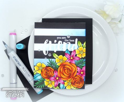 Striped Floral Stamping + Copic Coloring Spectrum Noir Markers, Tim Holtz Stamps, Simon Says Stamp Blog, Tim Holtz Distress Ink, Handmade Paper Crafts, Copic Coloring, Alcohol Markers, Cards For Friends, Simon Says Stamp