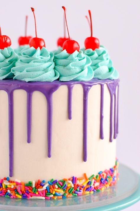 Purple Drip Cake Birthday, Chaotic Cakes, Purple Drip Cake, Retro Birthday Cake, Rainbow Drip Cake, Drip Cake Tutorial, Tractor Birthday Cakes, Drop Cake, Purple Cakes Birthday