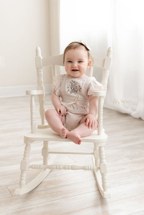 Six Month Old Baby, White Rocking Chairs, Ivory Outfit, Chair Photography, Kids Rocker, Milestone Photography, Inspiration Pics, Natural Light Studio, Maternity Photoshoot Poses