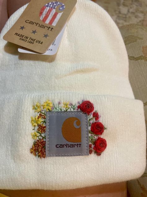 Made-to-order hand-embroidered floral Carhartt beanies. You may request the color hat and types of flowers, or a duplicate of one of these above. See other listings of hats that are ready to ship. $35 per beanie. Child sizes are $25 by request. Thank you! Carhart Beanie, Bonnet Carhartt, Carhartt Beanies, Beanie Carhartt, Hat Bar, Upcycled Denim Jacket, Carhartt Beanie, Hand Embroidered Flowers, Hat Embroidery