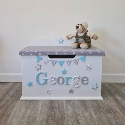 Dreambox Custom Toy Boxes on Instagram: “Blue and grey stars 💙” Toy Box Seat, White Toy Box, Personalised Wooden Toy Box, Boys Toy Box, Wooden Toy Chest, Personalised Toy Box, Wooden Toy Boxes, Nursery Toys, Wood Personalized