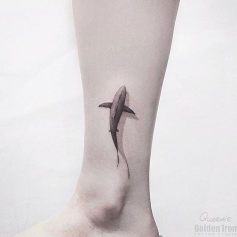 An overhead view of a shark swimming with shadowing beneath it. Art by Queenie Iron Tattoo - Downtown Toronto. Perfect for any nature lover, marine biologist, scientist, ocean lover, surfer, scuba diver, etc Shark Top View, Zee Tattoo, Shark Tattoo Meaning, Small Shark Tattoo, Whale Shark Tattoo, Hai Tattoo, Diver Tattoo, Shadow Tattoo, Turtle Tattoo Designs