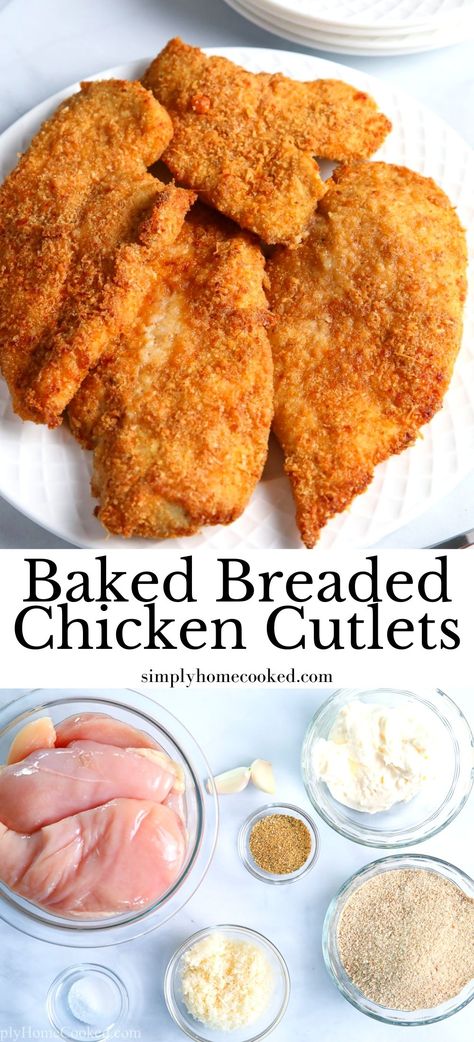 These Baked Breaded Chicken Cutlets are crisp and flavorful. Moist and tender on the inside, this chicken dish has all the tastiness of fried chicken without any of the greasiness. Homemade Chicken Cutlets, How To Make Breading For Chicken, Italian Breaded Chicken Cutlets, Baked Chicken Recipes Breaded, Chicken Cutlets Recipes Baked, Breaded Chicken Patty Recipes, Shallow Fried Chicken Cutlets, Cornmeal Breaded Chicken, The Best Chicken Cutlets