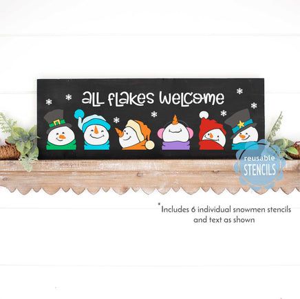 WallCutz Inc. | High Quality Reusable Stencils. Snowmen Faces, Wood Block Crafts, Long Board, Stencil Projects, Different Poses, Christmas Stencils, Snowman Faces, Outside Decorations, Meaning Of Christmas