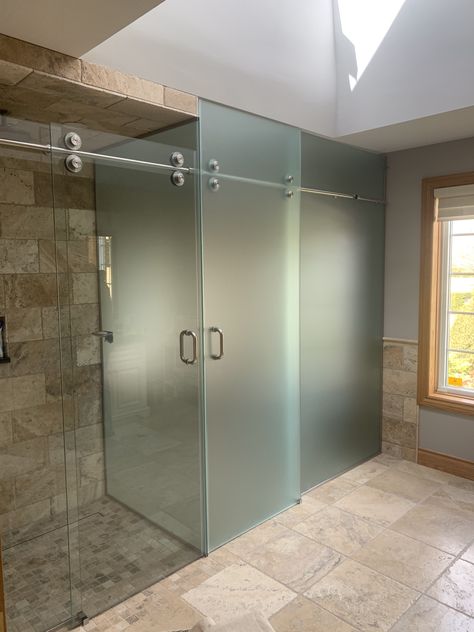 Gorgeous clear glass shower and frosted glass water closet. Both have sliding door hardware.  #homedecor #highstyle #glassshowerdoors #centrewellington Glass Water Closet, Glass Shower Bathroom, Frosted Glass Shower Door, Upgrade Bathroom, Shower Upgrade, Bathroom Renovation Diy, Modern Entry Door, Showroom Decor, Glass Shower Doors Frameless