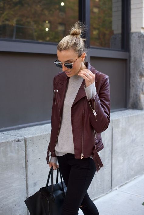 14 black jeans, a grey tee and a burgundy leather jacket - Styleoholic Purple Moto Jacket Outfit, Purple Moto Jacket, Plum Jacket Outfit, Wine Leather Jacket Outfit, Plum Leather Jacket Outfit, Wine Jacket Outfit, Purple Leather Jacket Outfit, Maroon Leather Jacket Outfit, Burgundy Leather Jacket Outfit