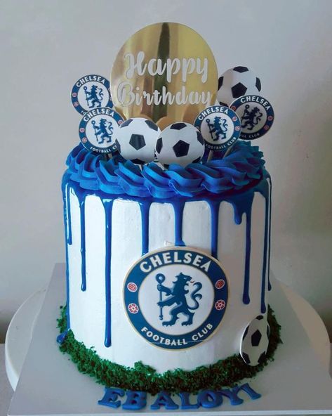 Soccer Cakes For Men, Chelsea Soccer Party Theme, Chelsea Themed Birthday Cake, Chelsea Cakes For Men, Chelsea Cake Ideas, Soccer Cake Ideas, Chelsea Football Cake, Football Cake Design, Soccer Cakes