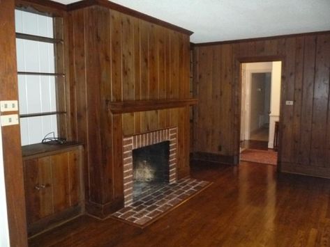 paint wood paneling before and after pictures | Painted Paneling B Photos! Painted Old Wood Paneling, 1930s Wood Panelling, 1930s Panelling, Real Wood Paneling, Paneled Den, Painting Paneling, Wood Paneling Makeover, Pine Paneling, Knotty Pine Paneling