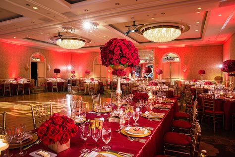 Romantic Red & Gold Wedding featured on Inside Weddings - Venue + Cake: Four Seasons Beverly Hills Photographer: Lin and Jirsa Planner: The Perfect Fairytale Floral Design: Flowers by Cina Gown Designer: Liancarlo Bridal Chargers: Classic Party Rentals Linens: Luxe Linen Lighting, Photo Booth: Bliss Entertainment Event Group Hair & Makeup: Dolled up by LuLu Invites: Wedding Paper Divas Place Cards: Details Beyond Design Red And Gold Quinceanera Decorations, Red Quinceanera Theme, Sweet 16 Venues, Red Quince Theme, Red And Gold Quince, Beauty And The Beast Quince, Red Quinceanera Ideas, Red And Gold Wedding, Red Gold Wedding