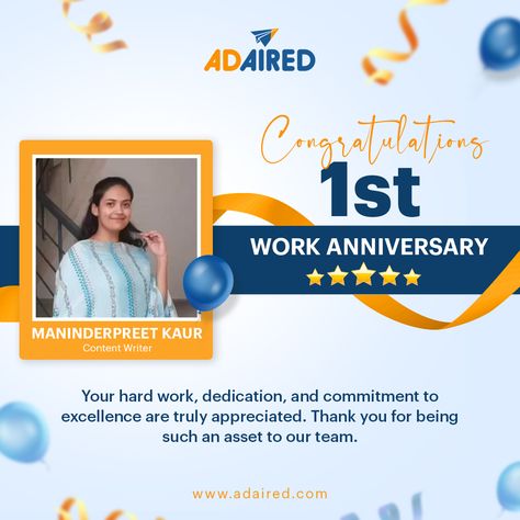 Congratulations Maninderpreet Kaur on completing 1 year with us! Your professionalism and expertise have made a huge impact on our company, and we're fortunate to have you on board. Cheers to another work anniversary! 🥳✨ #workanniversary #workanniversarycelebration #employeeengagement #employeeappreciation #contentwriter #workculture #adaired One Year Business Anniversary Post, Employee Work Anniversary Post, 1 Year Business Anniversary Social Media, Congratulatory Poster, Work Anniversary Post, 1 Year Work Anniversary, Dermatology Doctor, Bday Story, Corporate Anniversary