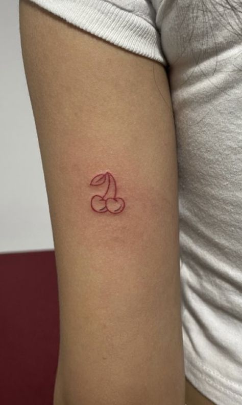 Red Ankle Tattoos For Women, Cute Small Red Tattoos, Fine Line Cherry Tattoo, Red Wrist Tattoo, Ibiza Tattoo Ideas, Red Cherry Tattoo, Tiny Red Tattoo, Small Red Ink Tattoo, Red Small Tattoos