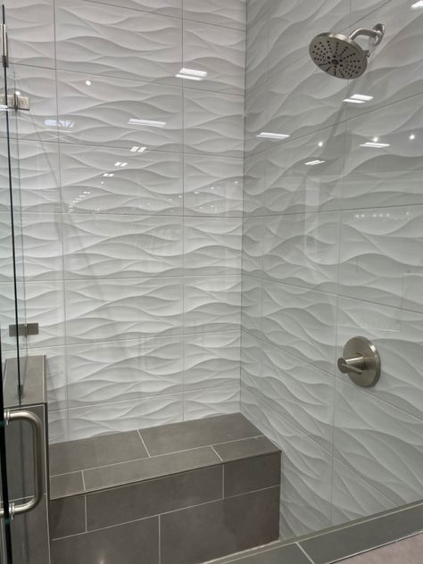 Wavy Bathroom Tile, Tile Over Bathtub, Wave Tile, Bathroom Remodel Plans, Bathroom Tub Shower Combo, Shower Window, Bathroom Furniture Design, Gray Tile, Tile Walls