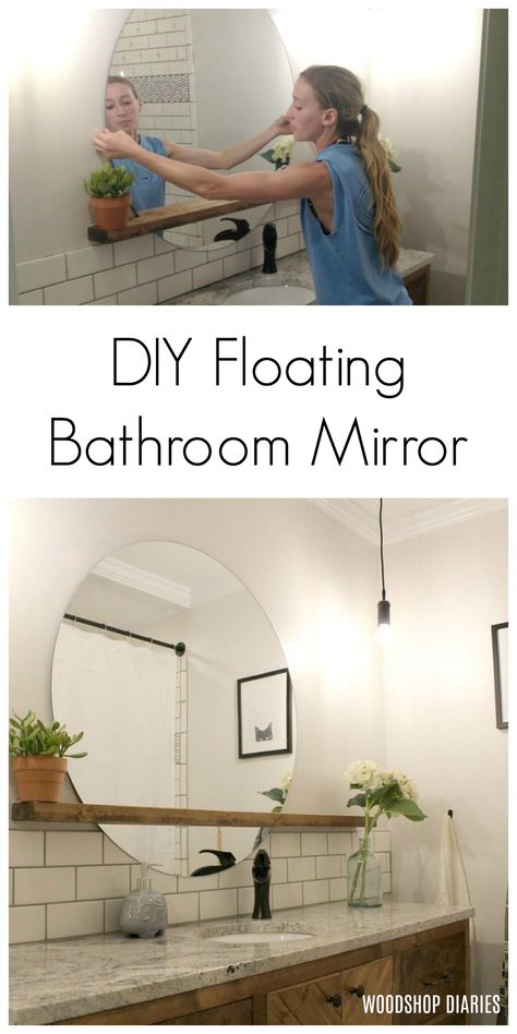 This simple tutorial shows you how to create your own round DIY floating mirror perfect for a bathroom, entryway, living room, etc. All you need is a mirror and a 2x4! Floating Shelf Over Mirror, Diy Bathroom Mirror With Storage, Floating Shelf Under Bathroom Mirror, Shelf In Front Of Mirror, Floating Mirror Diy, Circle Mirror And Floating Shelves, How To Make A Round Mirror Frame, Big Mirror Small Bathroom, Round Mirror Floating Shelf