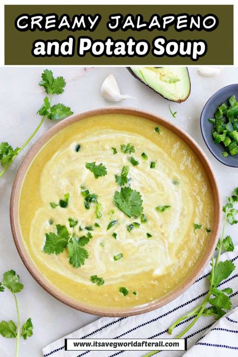 jalapeno soup in a bowl on a counter Jalapeno Potato Soup, Jalapeño Potato Soup, Potato Jalapeno Soup, Creamy Jalapeno Soup, Creamy Jalapeño Soup, Jalapeno Soup Recipes Healthy, Creamy Jalapeno Soup Recipes, Jalapeno Soup Recipes, Cream Of Jalapeno Soup