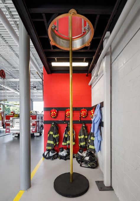 Fire Department Architecture, Fire Station Interior, Fire Station Design, Fire Hose Cabinet, Firefighter Training, Fire Hall, Fire House, Fire Hose, Indoor Playground