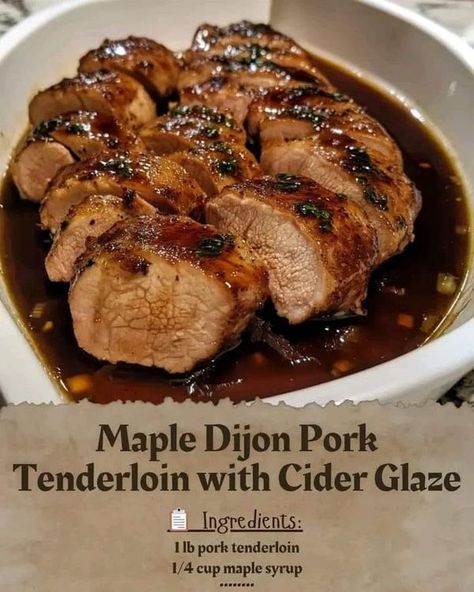 Martha Stewart Recipes | RECIPE NAME: Maple Dijon Pork Tenderloin with Cider Glaze | Facebook 1 Lb Pork Tenderloin, Crenn Recipes, Pork Tenderloin Recipes In Oven, Dijon Pork Tenderloin, Fancy Meals, Loin Recipes, Pork Dinners, Mustard Recipe, Martha Stewart Recipes