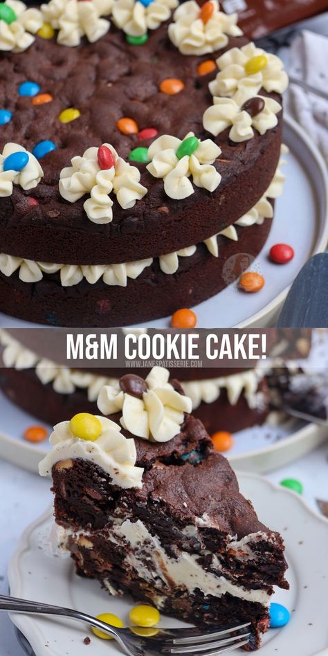 M&ms Peanut Butter Cake, Stuffed Cookie Cake, M&m Cookie Cake, M M Cake Birthday, M N M Cookies, Cookie Cake Ideas Birthday, Giant Cookie Decoration Ideas, Stacked Cookie Cake, Summer Cookie Cake