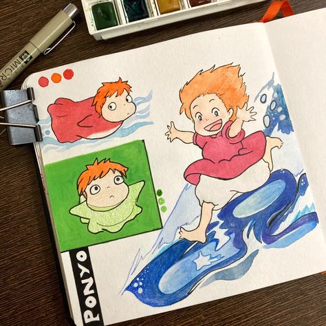 Ponyo Drawings Sketch, Ponyo Watercolor, Ponyo Sketch, Ponyo Drawings, Ponyo Painting, Ghibli Ponyo, طابع بريدي, Disney Art Drawings, Studio Ghibli Art