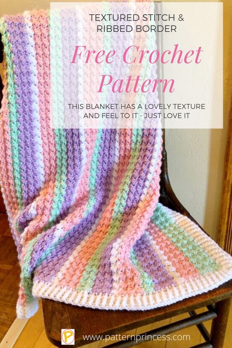 This crochet pattern is a repeat of one row using single crochet and double crochet stitches. These pastel yarn colors just pop with this pattern. Stitches include the single crochet, double crochet, front post double crochet, and back post double crochet. #crochetblanket #babyblanket #texturedblanket #crochetpattern #babyshower #lapafghan #crochettutorial Crochet Half Double Crochet Blanket, Half Double Crochet Blanket, Double Crochet Blanket, Pastel Quilt Patterns, Double Trouble Crochet Blanket Pattern, Front Post Double Crochet Blanket, 6 Day Kid Blanket Crochet, Subtle Pastel Crochet Blanket, Crochet Quilt Pattern