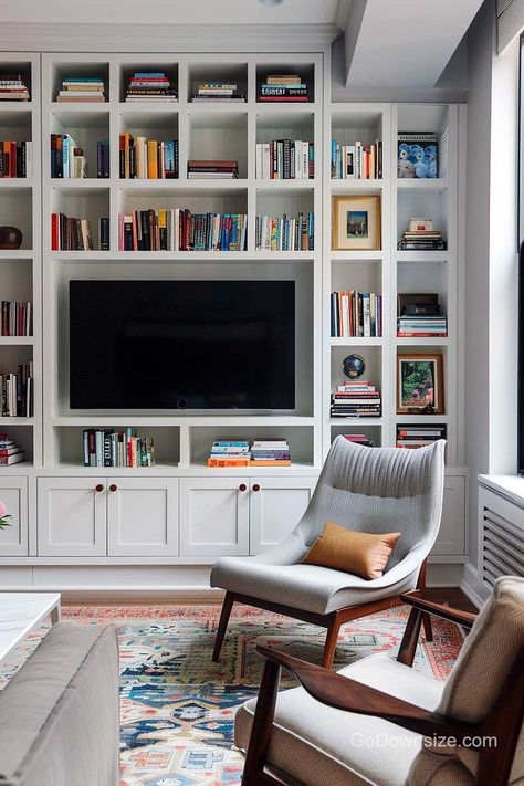 The white minimalist design of this media wall cabinet also serves as a neutral canvas for styling. Tv Bookshelf Wall Built Ins, Living Room Tv Wall Bookshelves, Media Wall With Bookshelves, Media Wall In Kitchen, Book Case With Tv, Library Wall With Tv, Minimalist Media Wall, Tv In Bookshelf, Tv And Bookshelf Wall