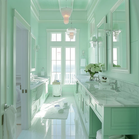 Mint Green Coastal Bathroom Green Coastal Bathroom, Sea Foam Green Bathroom, Charleston Bathroom, Mint Green House, Seafoam Bathroom, Green House Aesthetic, Seafoam Green Bathroom, Mint Green Bathrooms, Mint Green Outfits