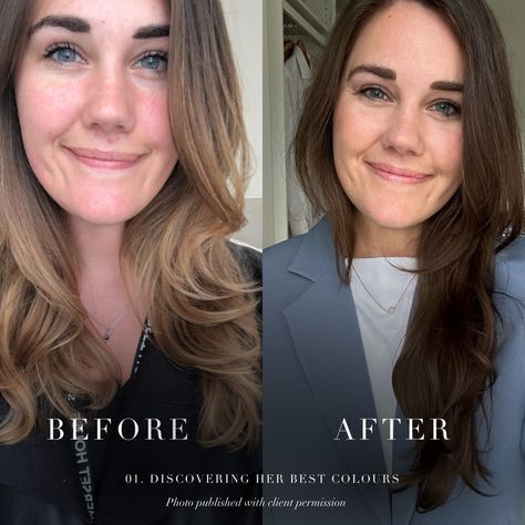 Behold a captivating before-and-after colour analysis transformation showcasing one of our valued clients.⁠ .⁠ #coloranalysis #colouranalysis #summerpalette #truesummer #beforeandafter Soft Autumn, Color Analysis, Styling Tools, Fashion Colours, Style Guides, Personal Style, The Incredibles, Makeup, Hair