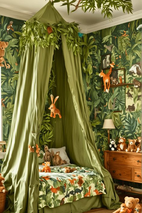 20 Young Boys Bedroom Ideas for Easy Upgrades in 2024 – The Crafty Hacks Jungle Theme Bedroom Kids, Rainforest Bedroom Ideas, Boys Jungle Bedroom, Jungle Boys Room, Jungle Bedroom Kids, Jungle Theme Bedroom, Rory Room, Jungle Kids Room