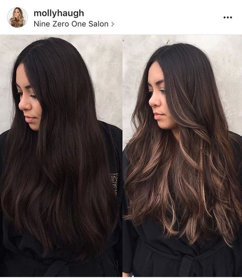 LOVE her hair! Both before and after! Hair Latina, Latina Hair, Black Hair Balayage, Nail Makeup, Dark Hair With Highlights, Chrome Nail, Brown Hair Balayage, Dye Colors, Hair Shades