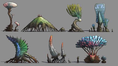 Plant Concepts, Tyson Roberts on ArtStation at https://www.artstation.com/artwork/21nWx Plants Concept Art, World Concept Art, Concept Art Design, Plant Person, Alien Plants, Weird Plants, Flora Design, Alien Concept, Fantasy Props