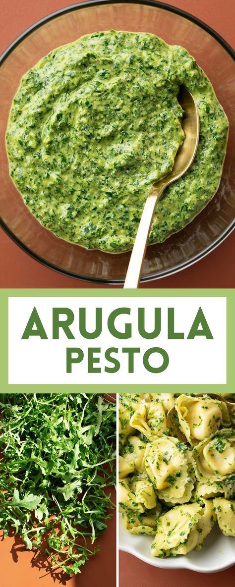 arugula pesto bowl and arugula pesto on cheese tortellini Arugula Pesto Recipe, Crusty French Bread, Cheesy Tortellini, Arugula Recipes, Arugula Pesto, Spice Mix Recipes, Best Cocktail Recipes, Pesto Recipe, Avocado Recipes