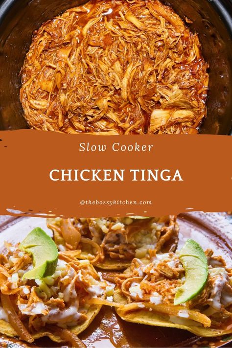 This Slow Cooker Chicken Tinga is made with tender, shredded chicken cooked in a delicious tomato sauce with a spicy kick of chipotle chiles in adobo. It's an excellent choice for a Taco Tuesday and for anyone who loves authentic Mexican cuisine. Chicken Tacos Pressure Cooker, Chicken Tinga Tacos Crockpot, Tinga Crockpot Recipe, Pork Tinga Recipe, Chipotle Adobo Chicken, Shredded Chicken Tacos Crockpot, Slow Cooker Chicken Tinga, Slow Cooker Shredded Chicken Tacos, Taco Meals