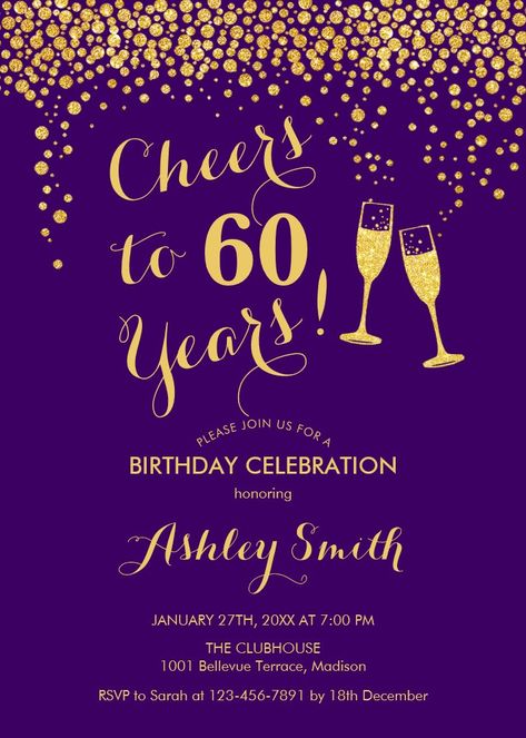 60th Birthday - Cheers To 60 Years Gold Purple Invitation Cheers To 60 Years, Cheers To 30 Years, Cheers To 50 Years, Elegant Birthday Invitations, Birthday Elegant, 30th Birthday Party Invitations, Navy Invitation, Purple Invitations, Forty Birthday