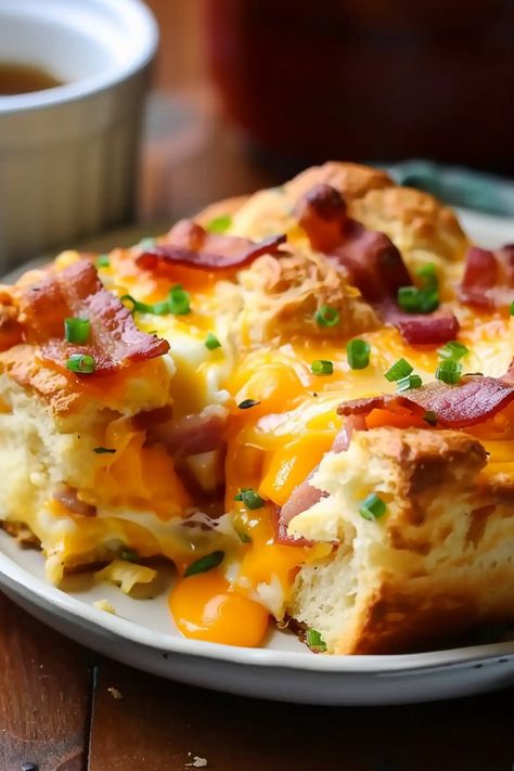 Warm Bacon Egg and Cheese Biscuit Bake ready to enjoy. Bacon Egg Bake, Egg And Cheese Biscuit, Breakfast Casserole With Biscuits, Easy Breakfast Casserole, Cheese Biscuit, Bacon Egg Cheese, Biscuits Casserole, Cheesy Biscuit, Bake Easy