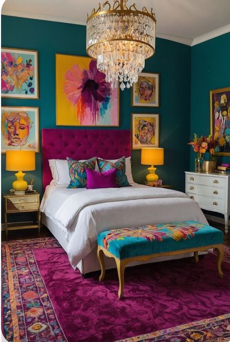 Bright Maximalist, Farmhouse Rental, Cubby Ideas, Bold Bedroom, Colorful Bedroom, Vibrant Living Room, Colourful Living Room Decor, Vanity Ideas, Colourful Living Room