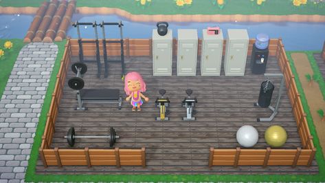 I dont have any jock villagers, but I made a gym anyways. Acnh Outdoor Gym, Animal Crossing Gym Ideas, Acnh Outdoor Gym Ideas, Basketball Court Animal Crossing Design, Acnh Workout Area, Basketball Court Animal Crossing, Acnh Gym Idea, Animal Crossing Outdoor Gym, Animal Crossing Gym