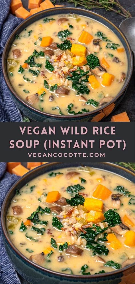 Vegan Wild Rice Soup (Instant Pot) Vegan Wild Rice Soup Instant Pot, Vegan Chicken Wild Rice Soup, Vegan Sausage Soup Recipes, Instant Pot Rice Soup, Vegan Soup Recipes Instant Pot, Crock Pot Soup Vegetarian, Healthy Instant Pot Recipes Clean Eating Vegetarian, Vegan Keto Soup, Vegan Wild Rice Recipes