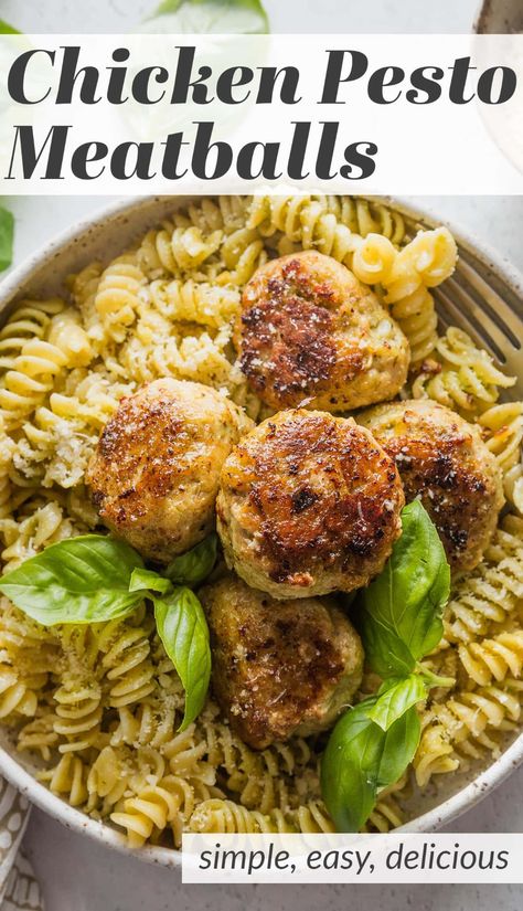 These Chicken Pesto Meatballs are juicy, flavorful, and easy to make! Serve them with pasta and sauce for a classic family dinner, or add them to a big bowl of greens and veggies for a nutritious, protein-packed lunch. Flavored Meatballs, Pesto Meatballs, Pasta And Sauce, Chicken With Italian Seasoning, Chicken Pesto, Packed Lunch, Recipes Appetizers And Snacks, Quick Weeknight Meals, Pesto Chicken